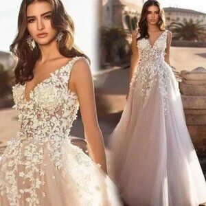 IS-NWT US16 Lace Train Wedding Dress Off-Shoulder A-Line Princess Ball Gown